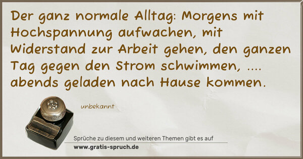 Spruch Visualisierung: Der ganz normale Alltag:
Morgens mit Hochspannung aufwachen,
mit Widerstand zur Arbeit gehen,
den ganzen Tag gegen den Strom schwimmen,
.... abends geladen nach Hause kommen.