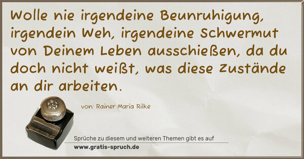 Spruch Visualisierung: Wolle nie irgendeine Beunruhigung, irgendein Weh,
irgendeine Schwermut von Deinem Leben ausschießen,
da du doch nicht weißt, was diese Zustände an dir arbeiten.