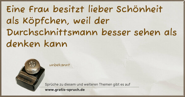 Spruch Visualisierung: Eine Frau besitzt lieber Schönheit als Köpfchen,
weil der Durchschnittsmann besser sehen als denken kann