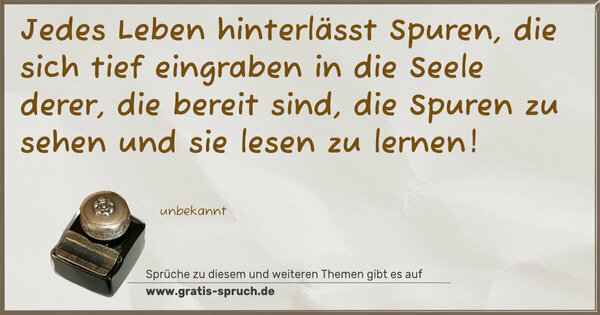 Spruch Visualisierung: Jedes Leben hinterlässt Spuren,
die sich tief eingraben in die Seele derer,
die bereit sind,
die Spuren zu sehen und sie lesen zu lernen!